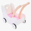 Engelhart poppen loopwagen roze wit – houten poppenwagen met matrasje, dekentje, kussentje opbergtas – geschikt voor alle poppen –