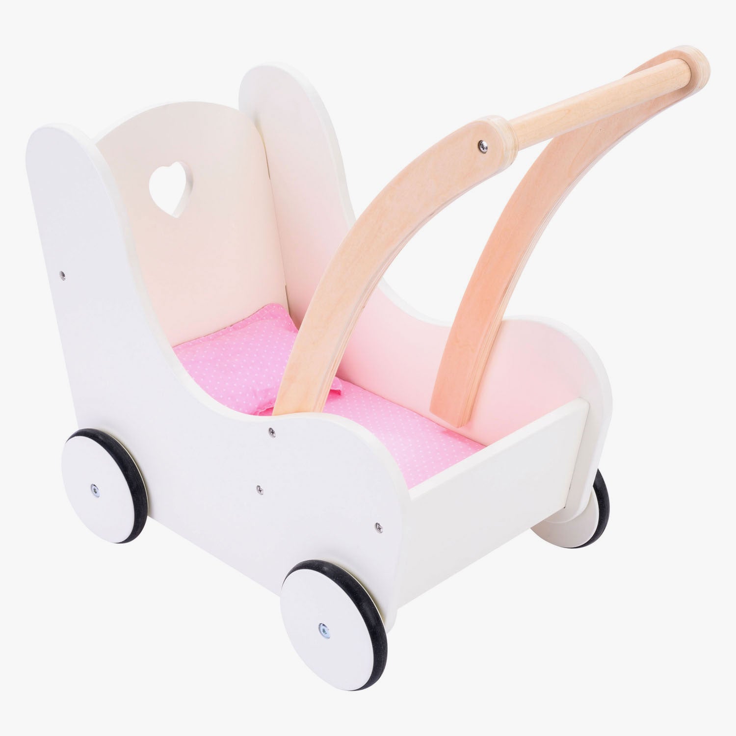 Engelhart poppen loopwagen roze wit – houten poppenwagen met matrasje, dekentje, kussentje opbergtas – geschikt voor alle poppen –