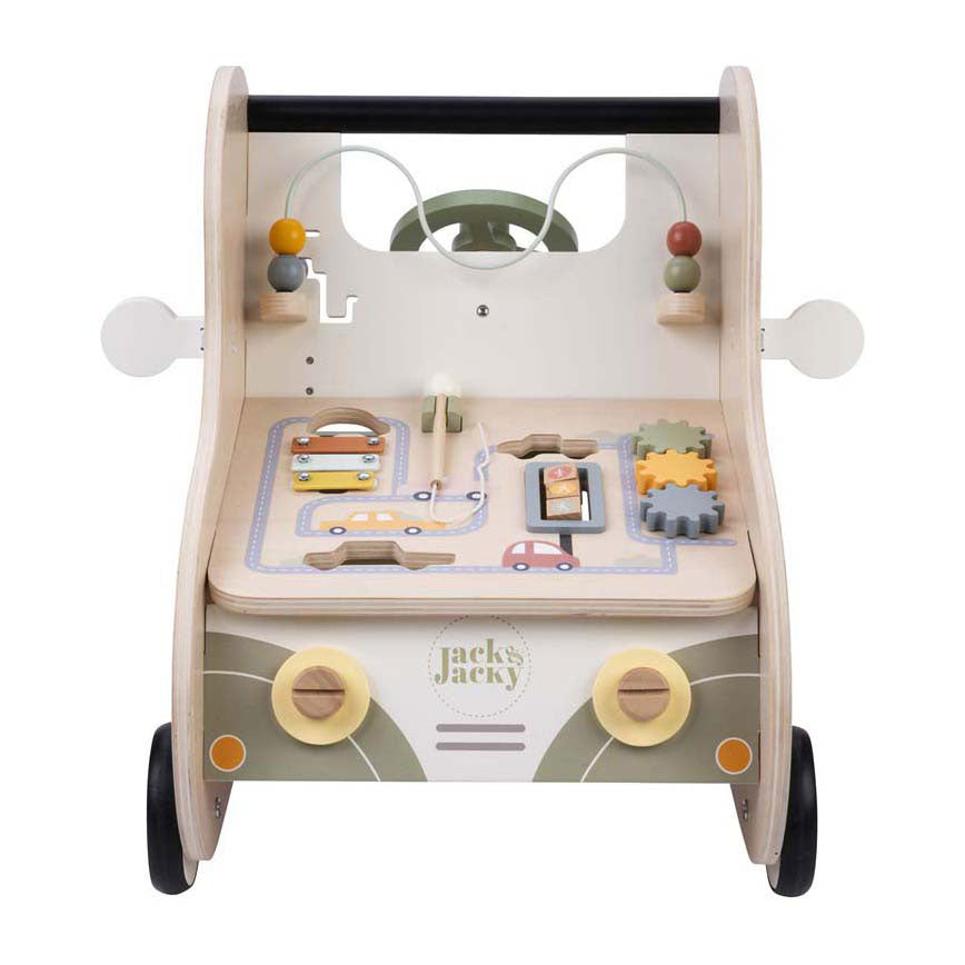 Jack jacky houten loopwagen met educatieve activiteiten – multi functional car – activiteiten loopwagen – walker speelgoed – motoriek cognitieve ontwikkeling – educatief houten speelgoed – jack jacky