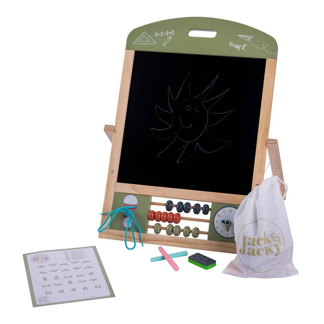 Jack jacky tafel schoolbord whiteboard – multifunctioneel 2-in-1 educatief speelbord – krijt- en magnetisch bord – leerbord met klok telraam – motoriek leren oefenen – inclusief accessoires – engelhart