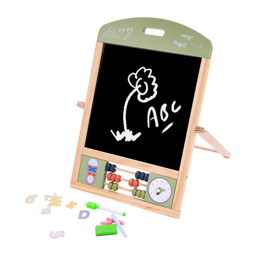 Jack jacky tafel schoolbord whiteboard – multifunctioneel 2-in-1 educatief speelbord – krijt- en magnetisch bord – leerbord met klok telraam – motoriek leren oefenen – inclusief accessoires – engelhart