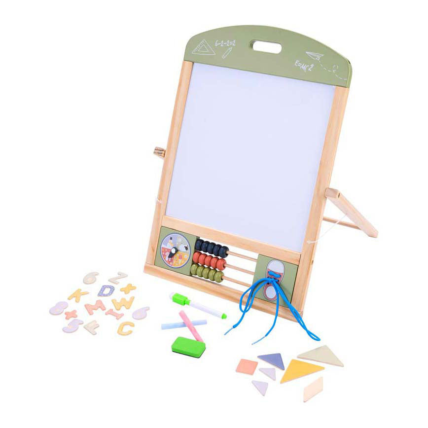 Jack jacky tafel schoolbord whiteboard – multifunctioneel 2-in-1 educatief speelbord – krijt- en magnetisch bord – leerbord met klok telraam – motoriek leren oefenen – inclusief accessoires – engelhart