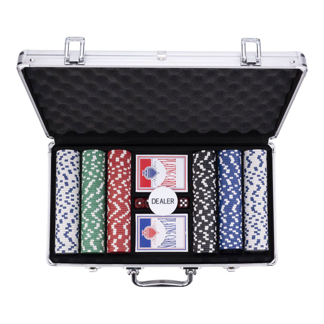 Longfield pokerset in zilveren koffer met 300 chips (11,5 g) – compleet met kaarten, dealer buttons dobbelstenen – engelhart