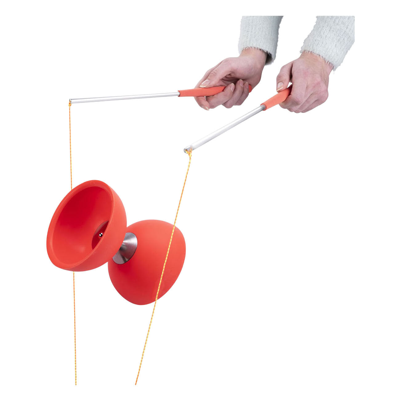 Diabolo van rubber met metalen stokjes - fluor rood