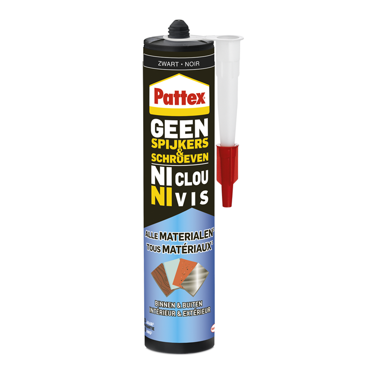 Pattex 1066003 - geen spijkers geen schroeven binnen-buiten zwart 390g | 12 stuks