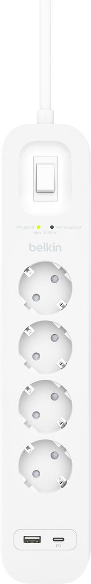 Belkin spanningsbeveiliger met 4 stopcontacten wit 2m (usb-c+usb-a)