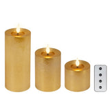 Lumineo 3-delig realistische led kaars met wax pit en vlam effect ø7.5 hoogte 9,5-13,5-20cm goud met timer werkt op afstandsbediening en batterij - afbeelding 1