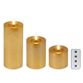 Lumineo 3-delig realistische led kaars met wax pit en vlam effect ø7.5 hoogte 9,5-13,5-20cm goud met timer werkt op afstandsbediening en batterij