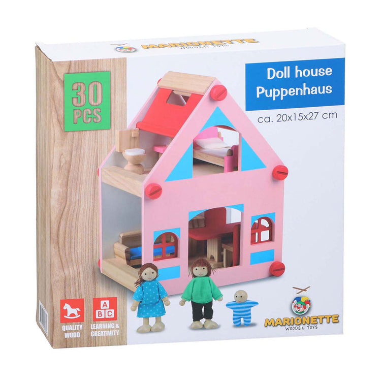 Houten poppenhuis met accessoires, 30dlg.