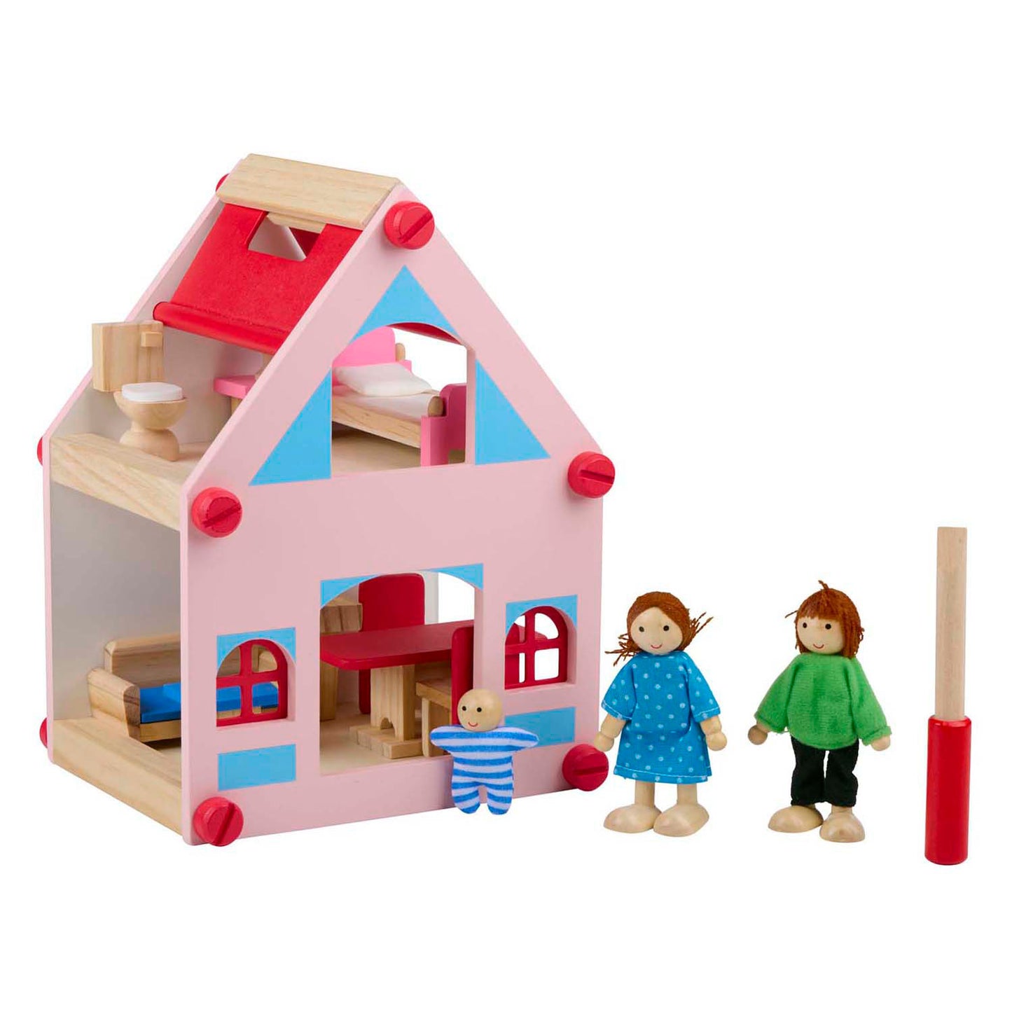 Houten poppenhuis met accessoires, 30dlg.