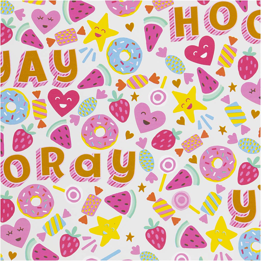 Inpakpapier, snoep, fruit en donuts, b: 50 cm, 80 gr, licht turquoise, 100 m 1 rol