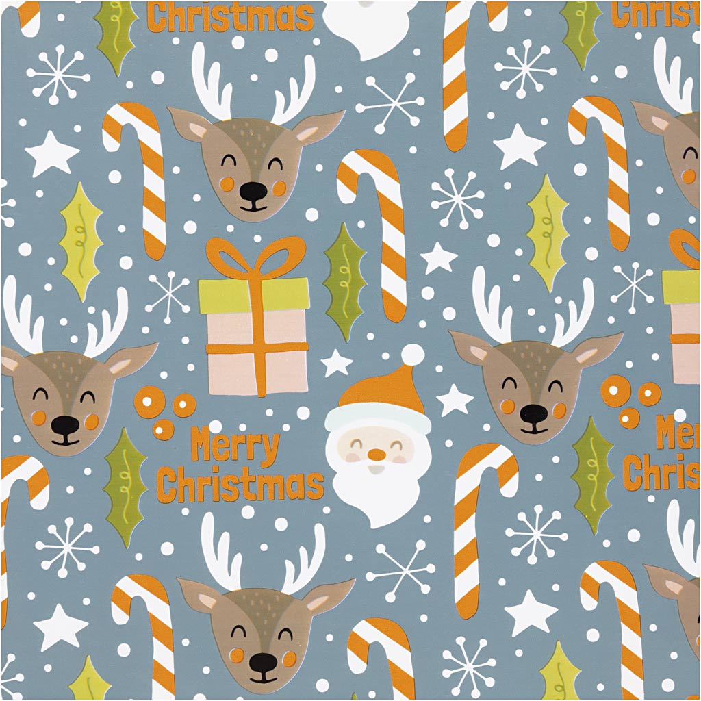 Inpakpapier, kerstman, kerstcadeau, lolly, rendier, b: 50 cm, 80 gr, grijs, 5 m 1 rol