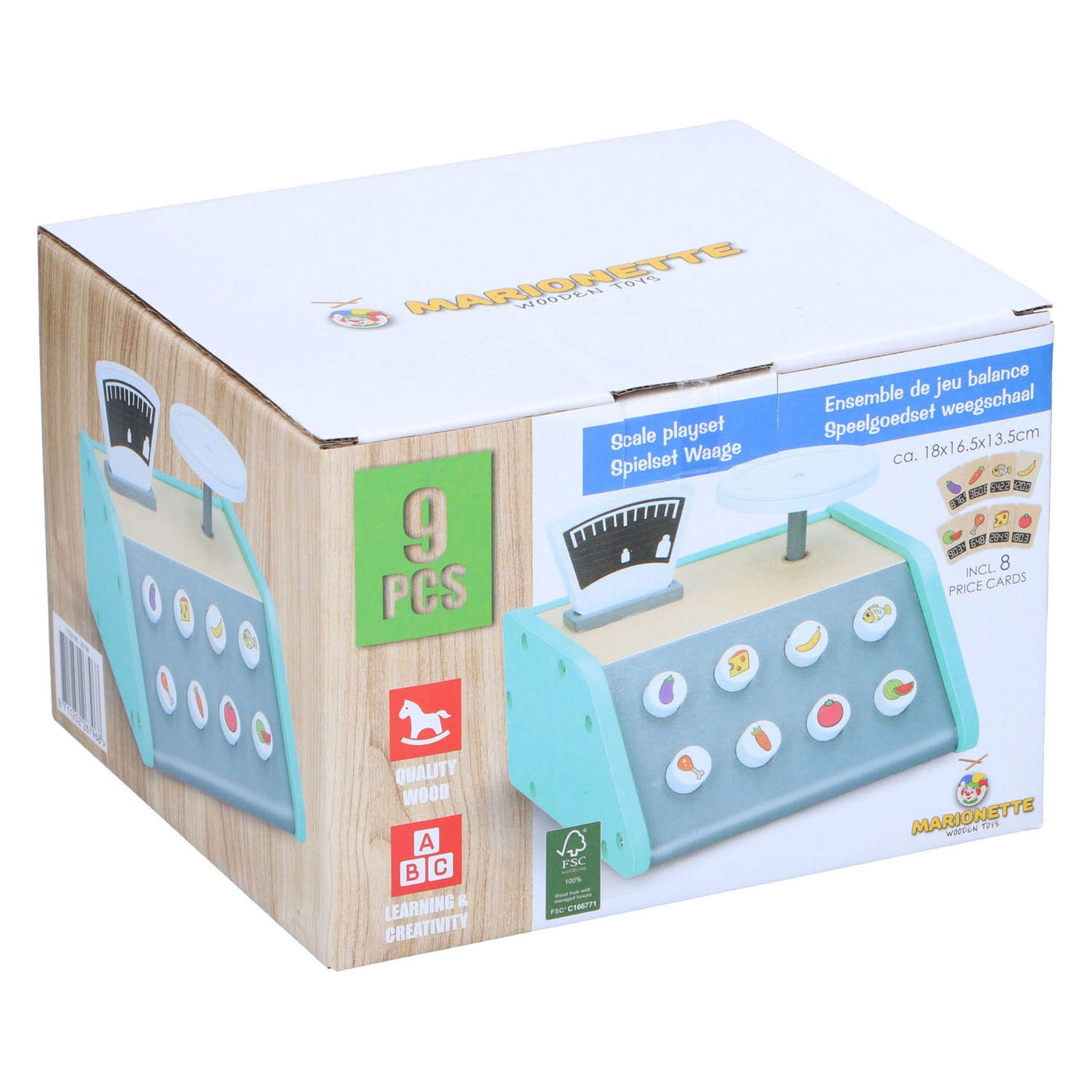 Houten weegschaal met kaartjes, 9dlg.