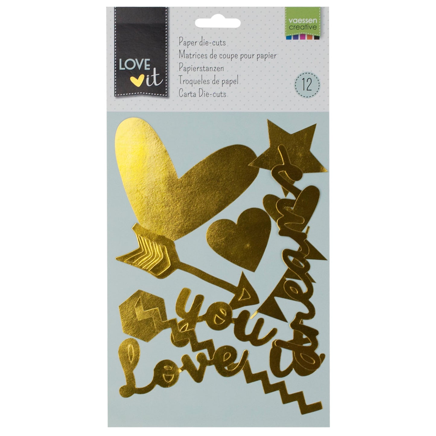 Vaessen creative • love it papieren knipsels 1-11cm goud 12st.