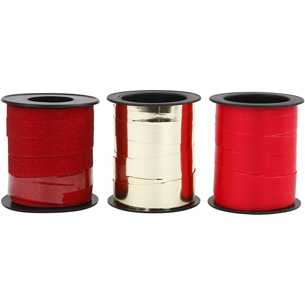 Cadeaulint, b: 10 mm, goud, rood, rood glitter, 3x15 m 1 doos
