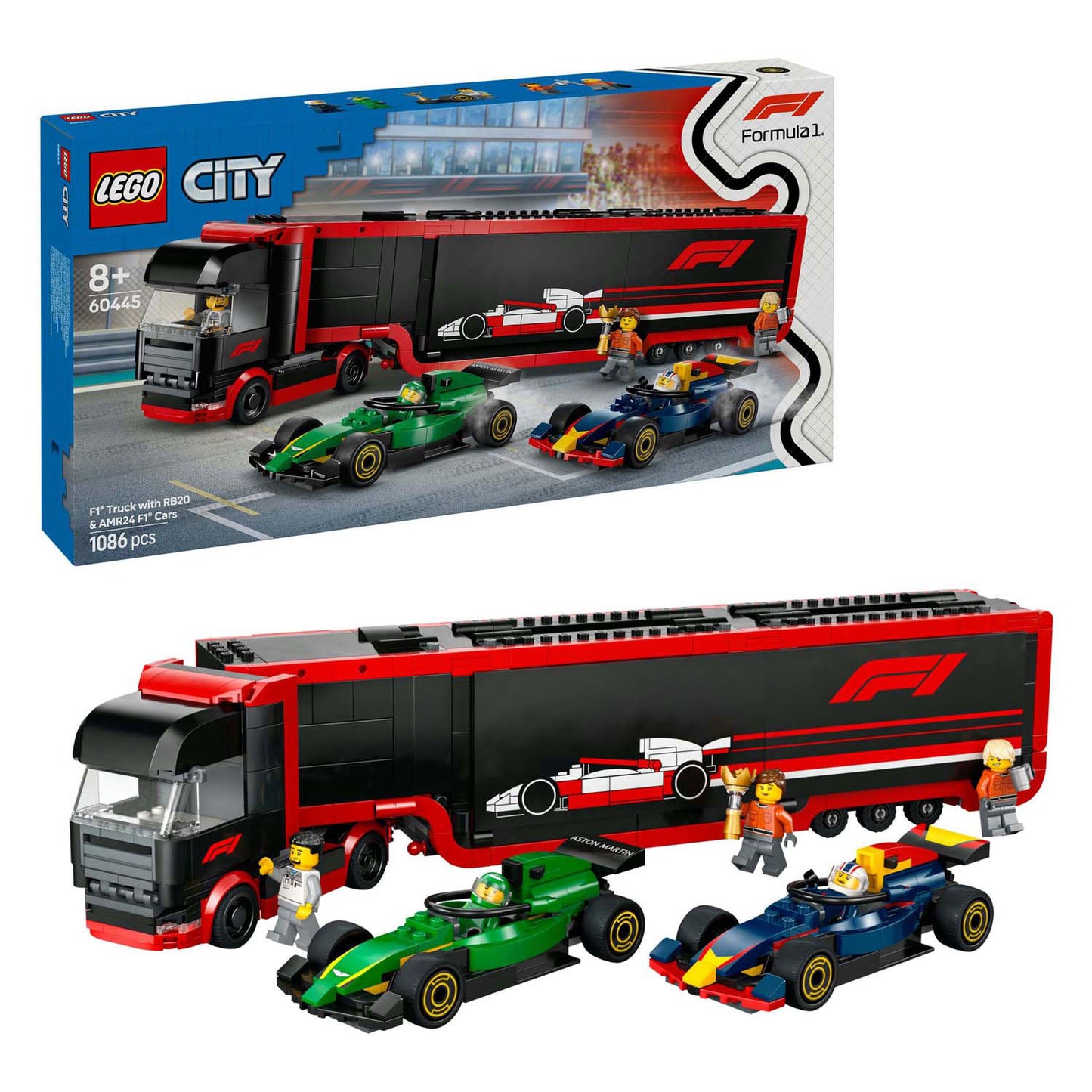 Lego lego city 60445 f1 truck met rb20 en amr24 f1 auto's