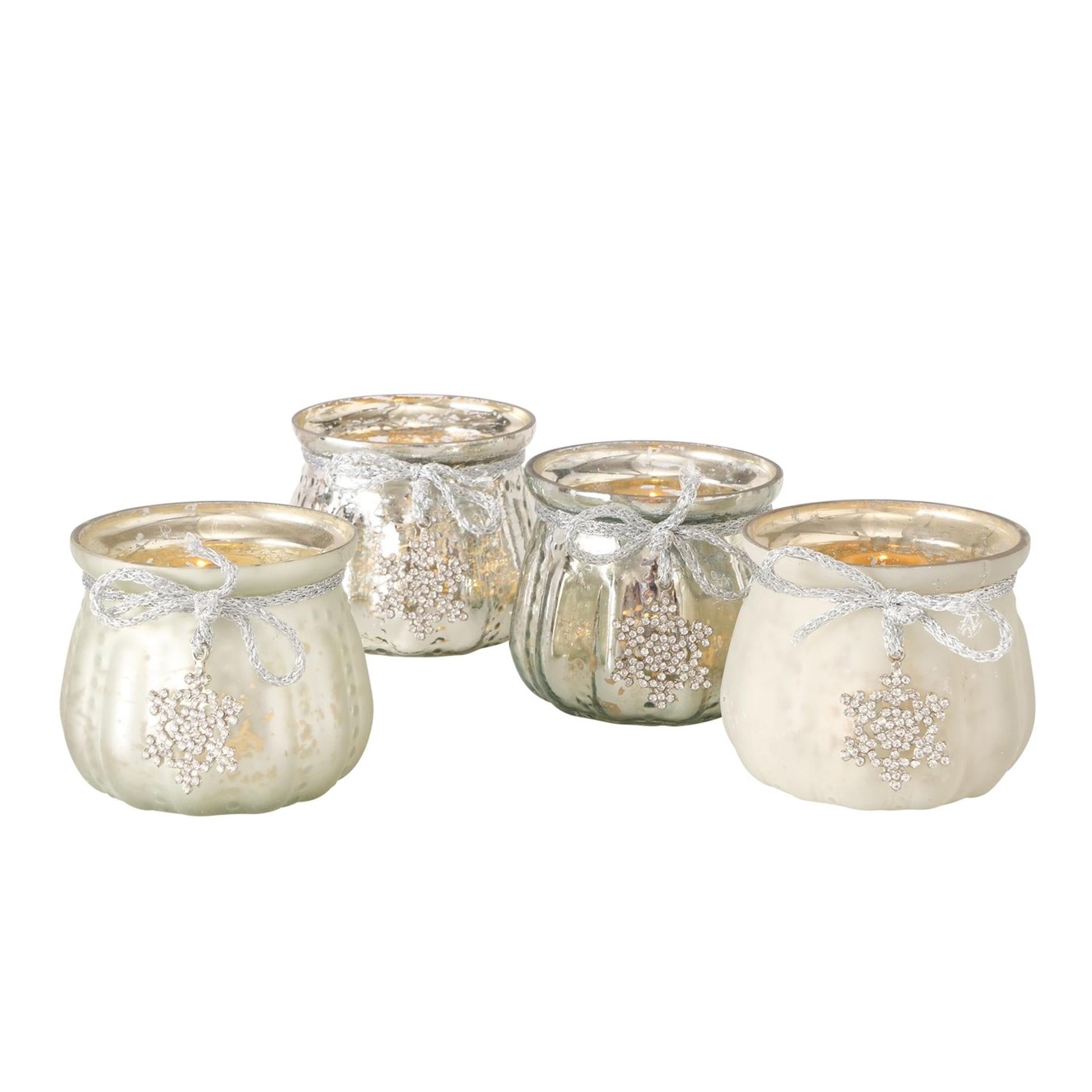 Boltze home theelichthouder glas caszina met glitterhanger h7,5cm dia8cm zilver beige