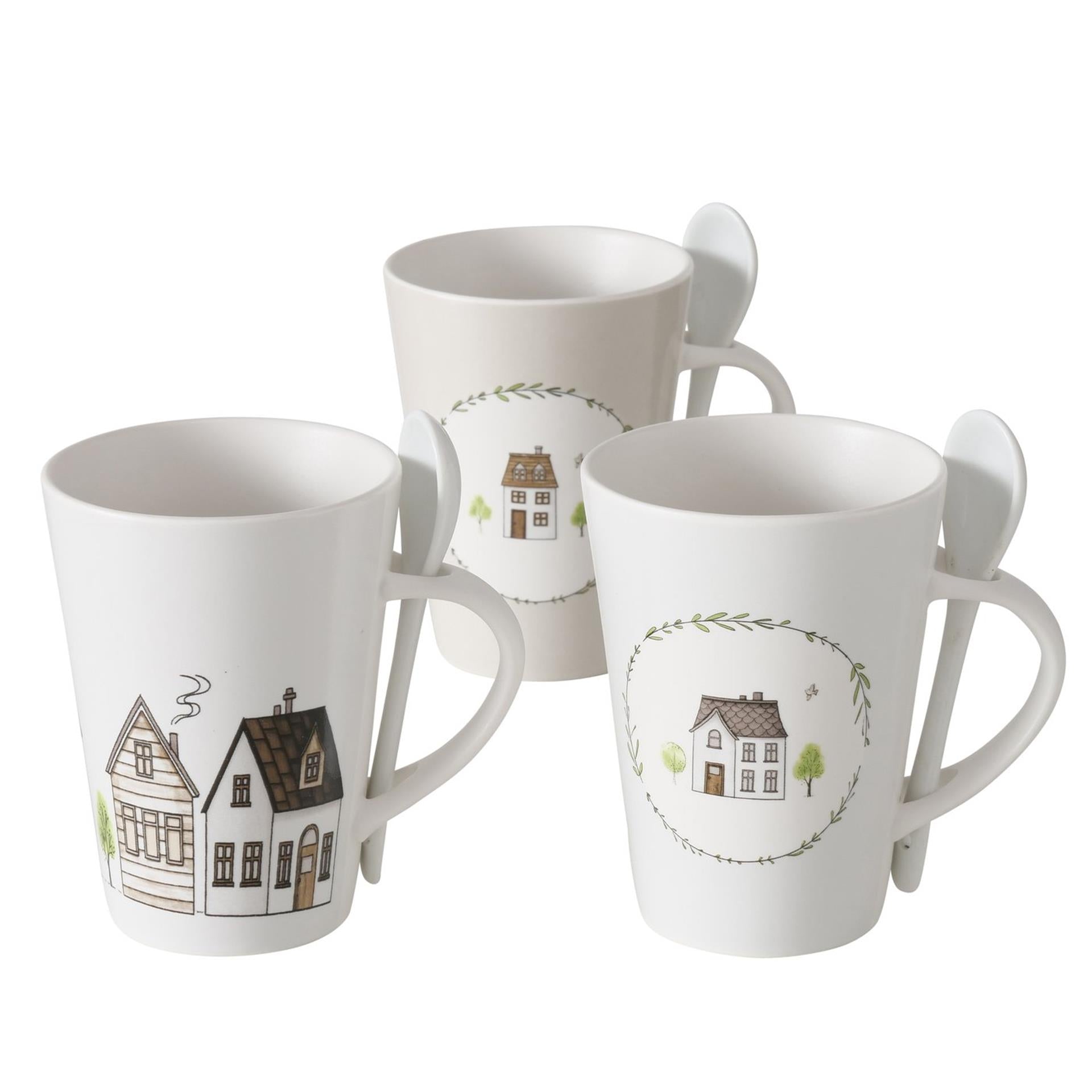 Boltze home mok met dessin huisjes incl lepel 330ml