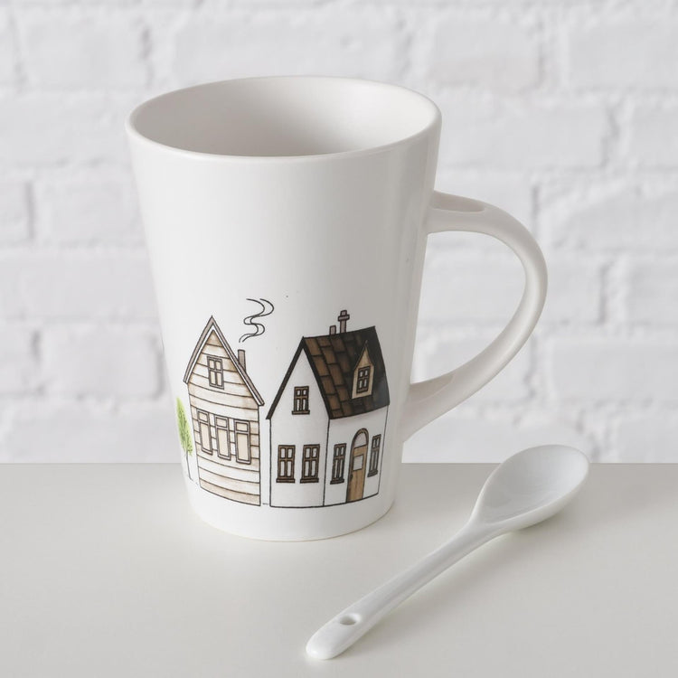 Boltze home mok met dessin huisjes incl lepel 330ml