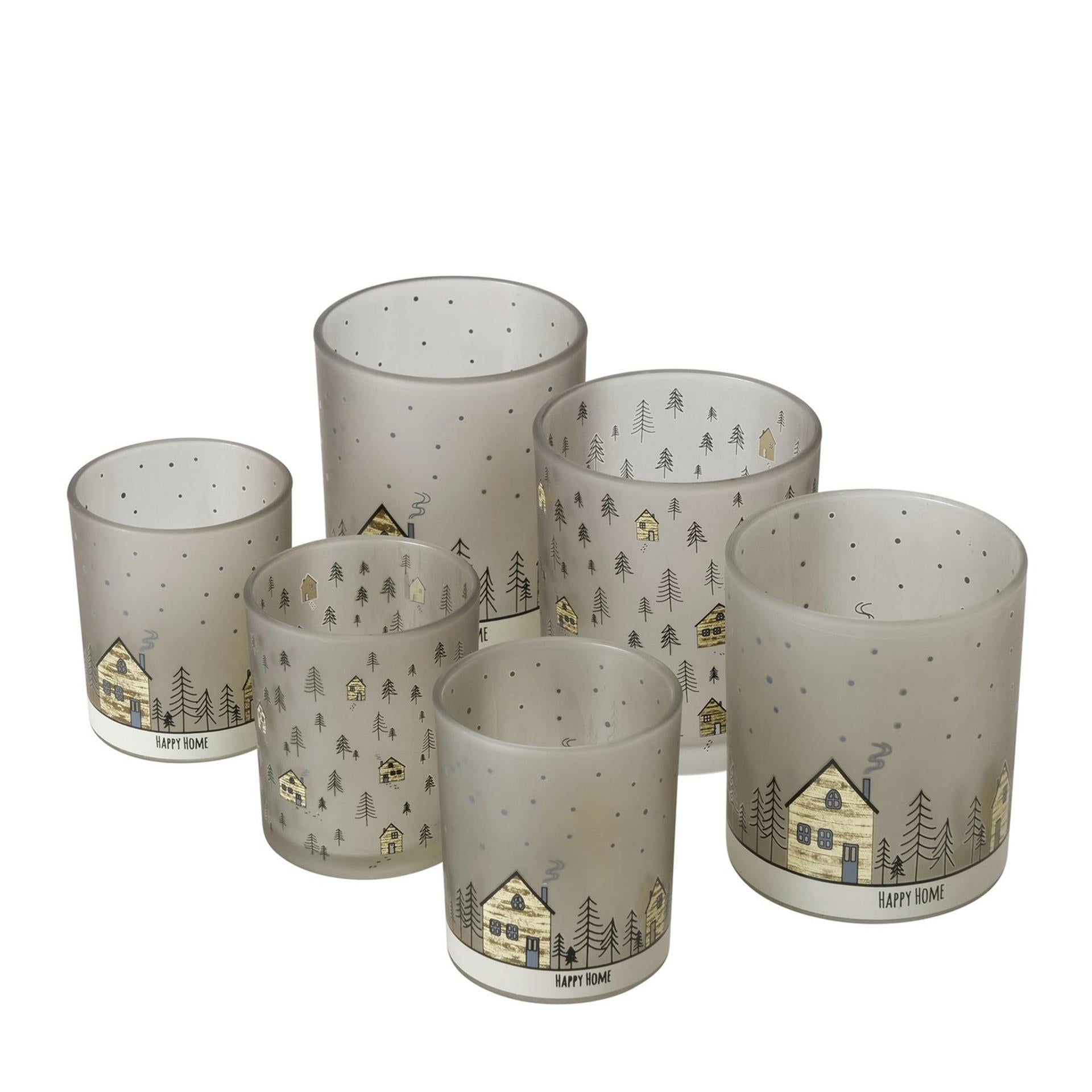 Boltze home theelichthouder glas homewood set a 2 stuks met afbeelding van huisjes- h8,5cm dia 7cm en h10cm dia 9cm