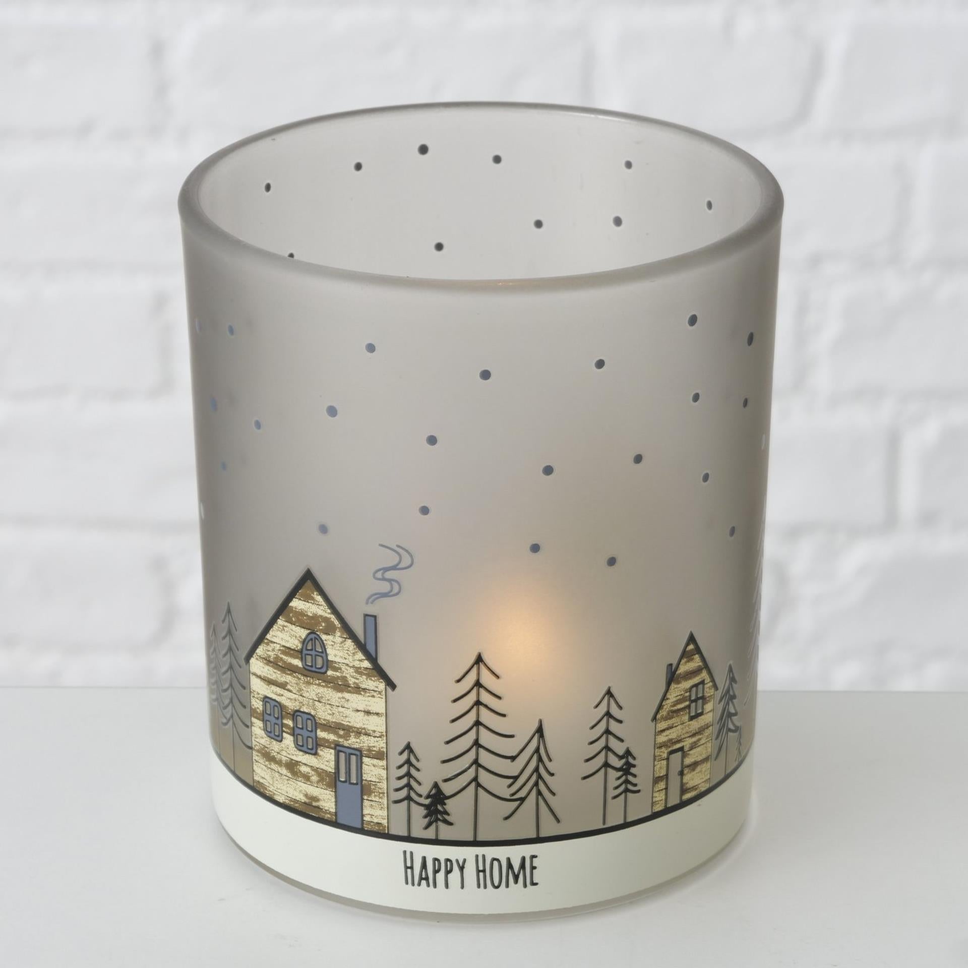 Boltze home theelichthouder glas homewood set a 2 stuks met afbeelding van huisjes- h8,5cm dia 7cm en h10cm dia 9cm