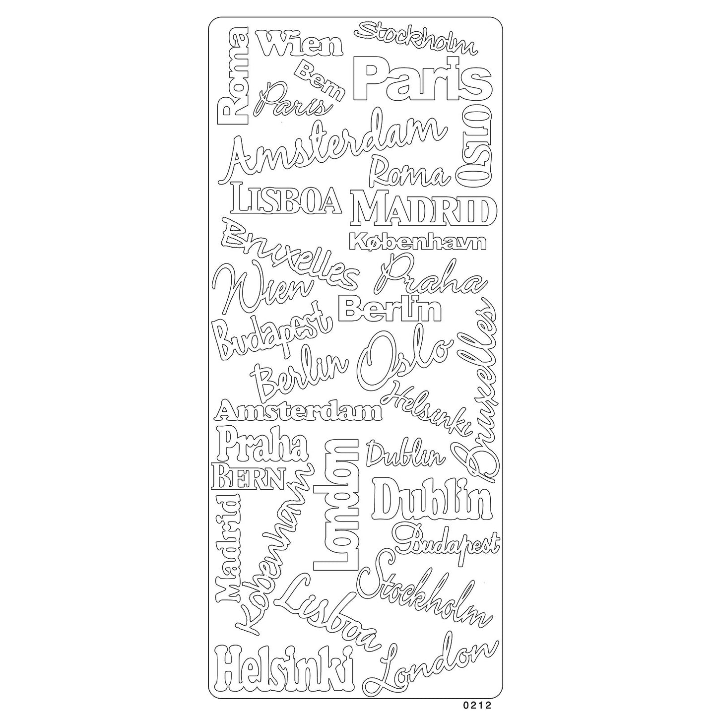 Vaessen creative • sticker 10x23cm 10pcs zilver diverse teksten met hoofdsteden