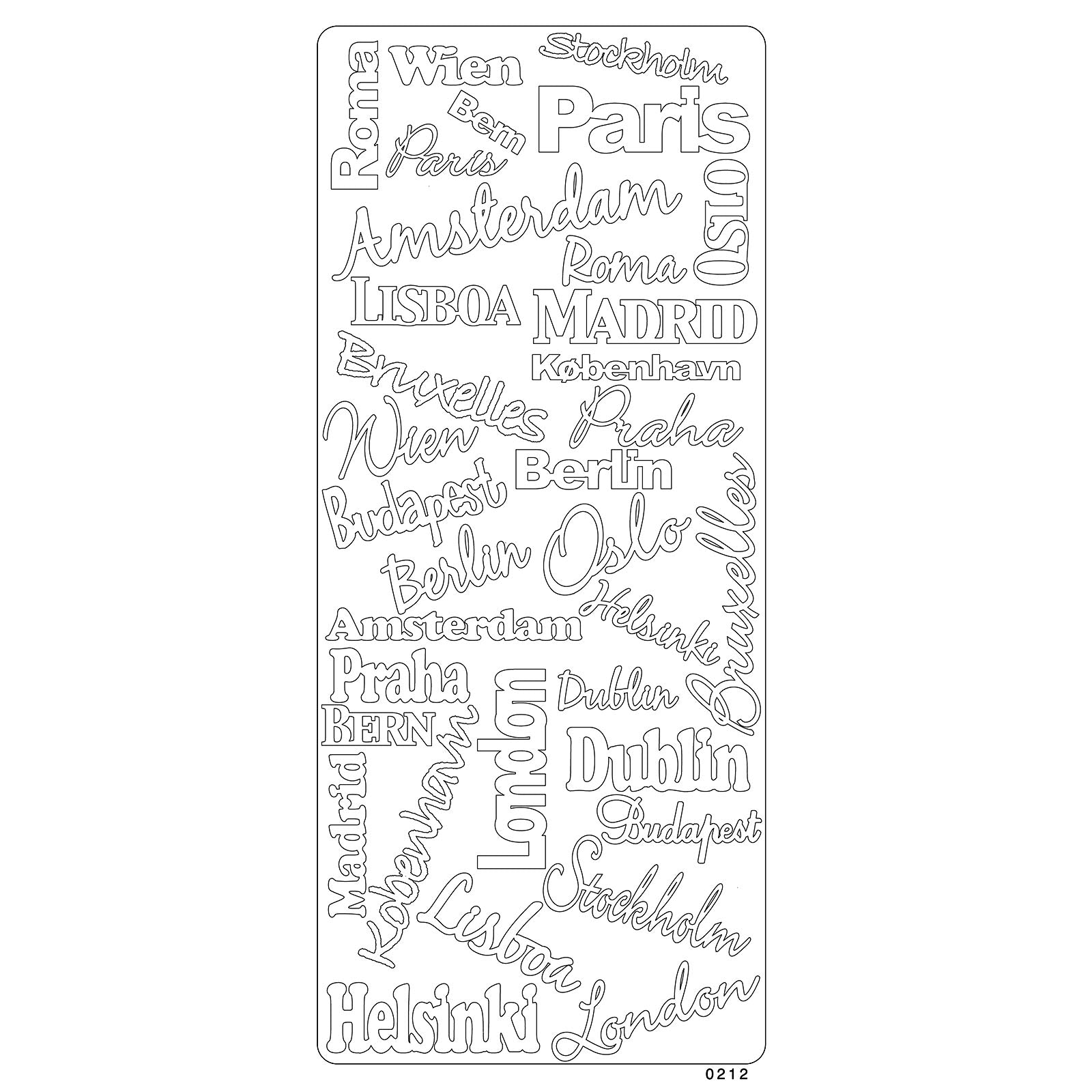 Vaessen creative • sticker 10x23cm 10pcs zilver diverse teksten met hoofdsteden
