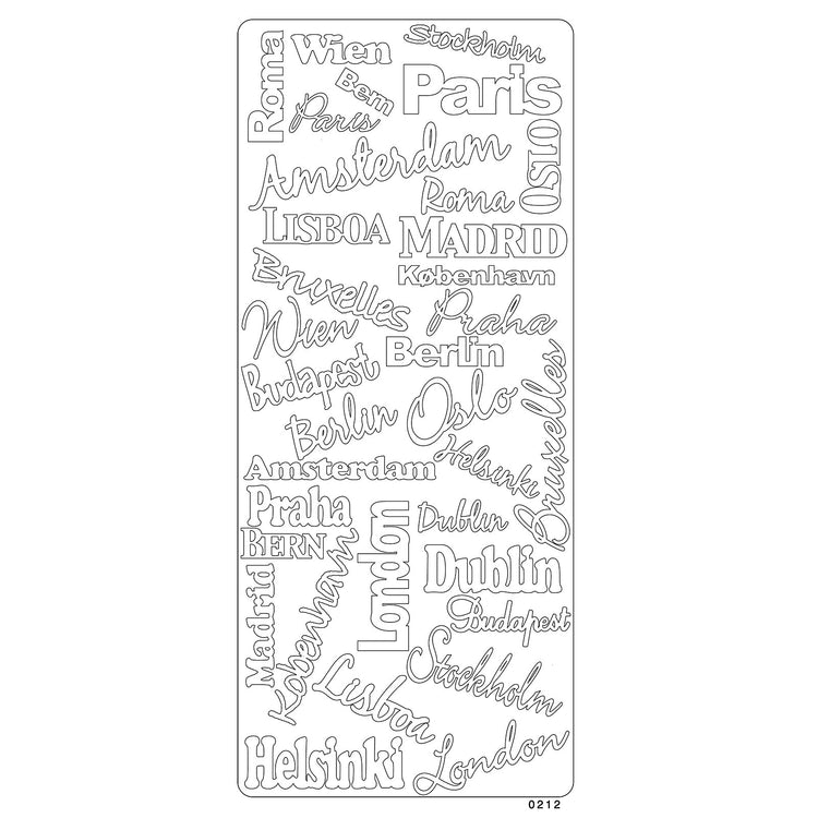 Vaessen creative • sticker 10x23cm 10pcs zilver diverse teksten met hoofdsteden