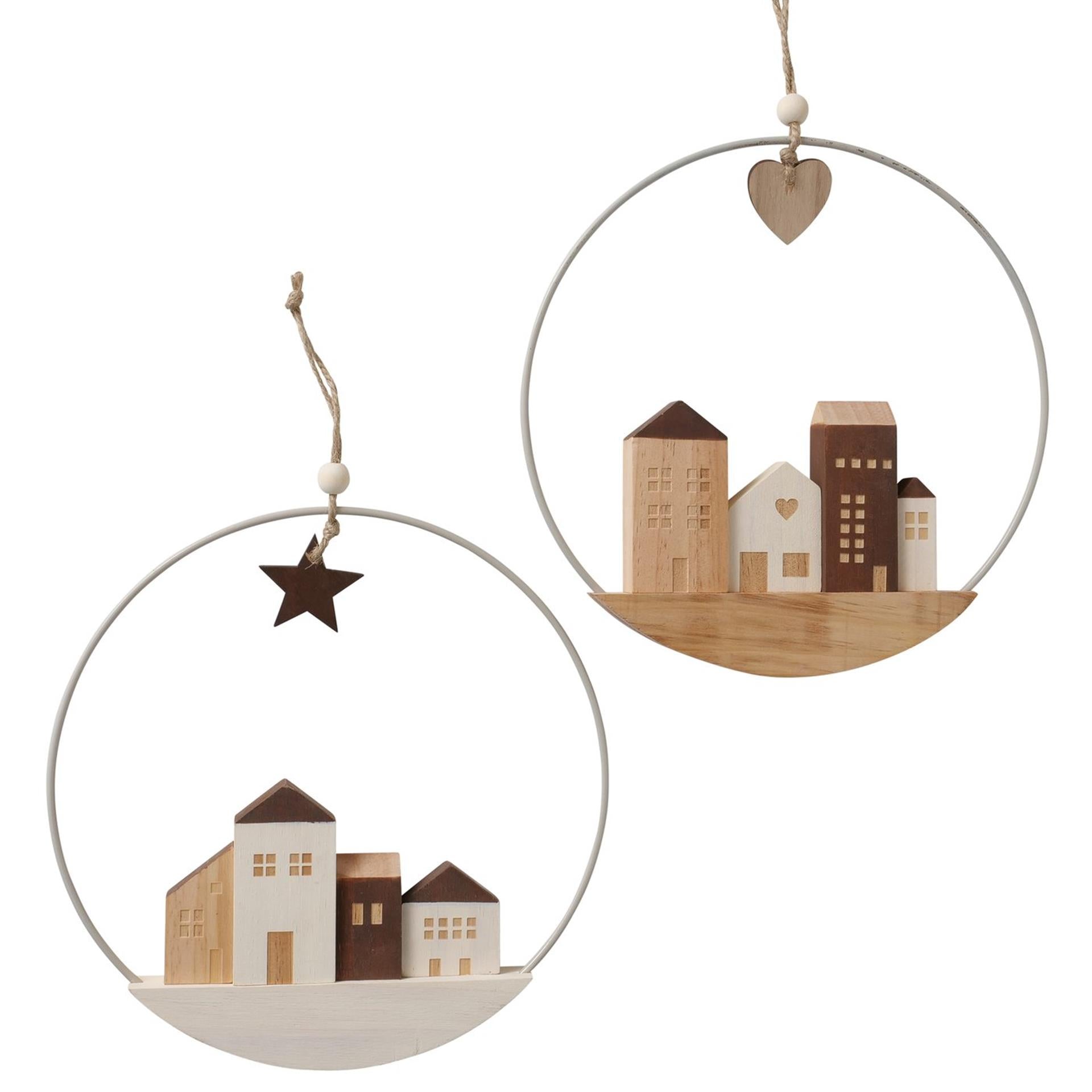 Boltze home decoratieve hanger oscar met houten huisjes in metalen ring dia 25cm