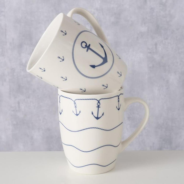 Boltze home mok 'bã¼sum' 350 ml wit met blauw anker motief dia.8,5x10,5cm porselein 2 assorti