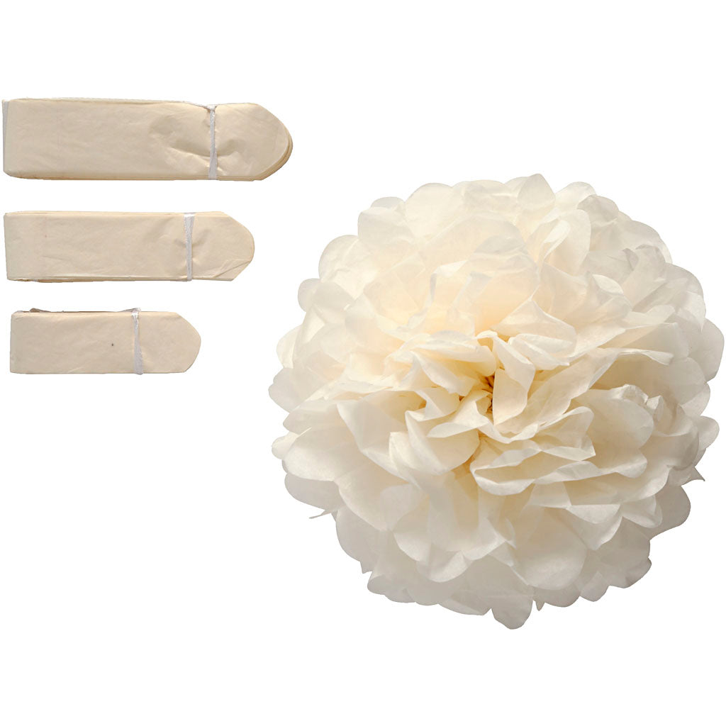 Pompon van papier, d 20+24+30 cm, 16 gr, off-white, 3 stuk 1 doos