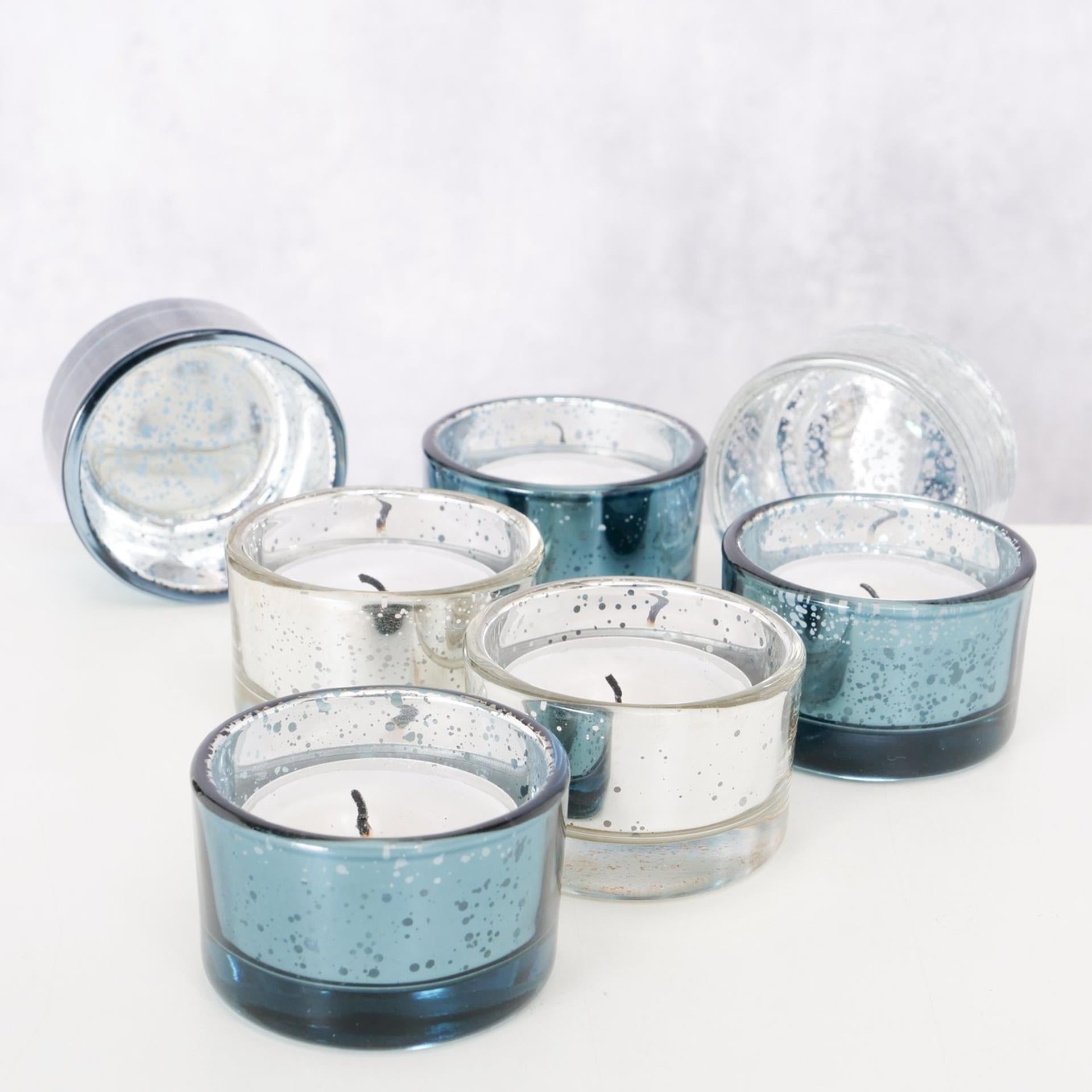 Boltze home theelichthouder balos glas 4-delig rond h3,3cm zilver blauw