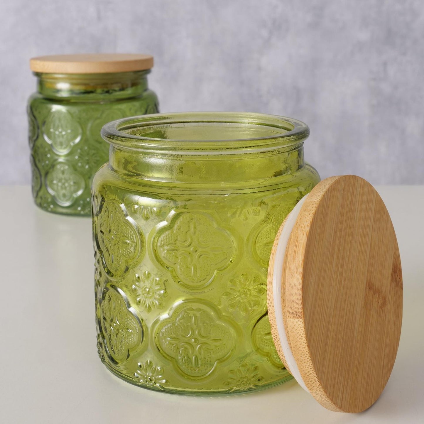 Boltze home voorraadpot imola 500 ml dia10x11cm glas gelakt met bamboe deksel groen
