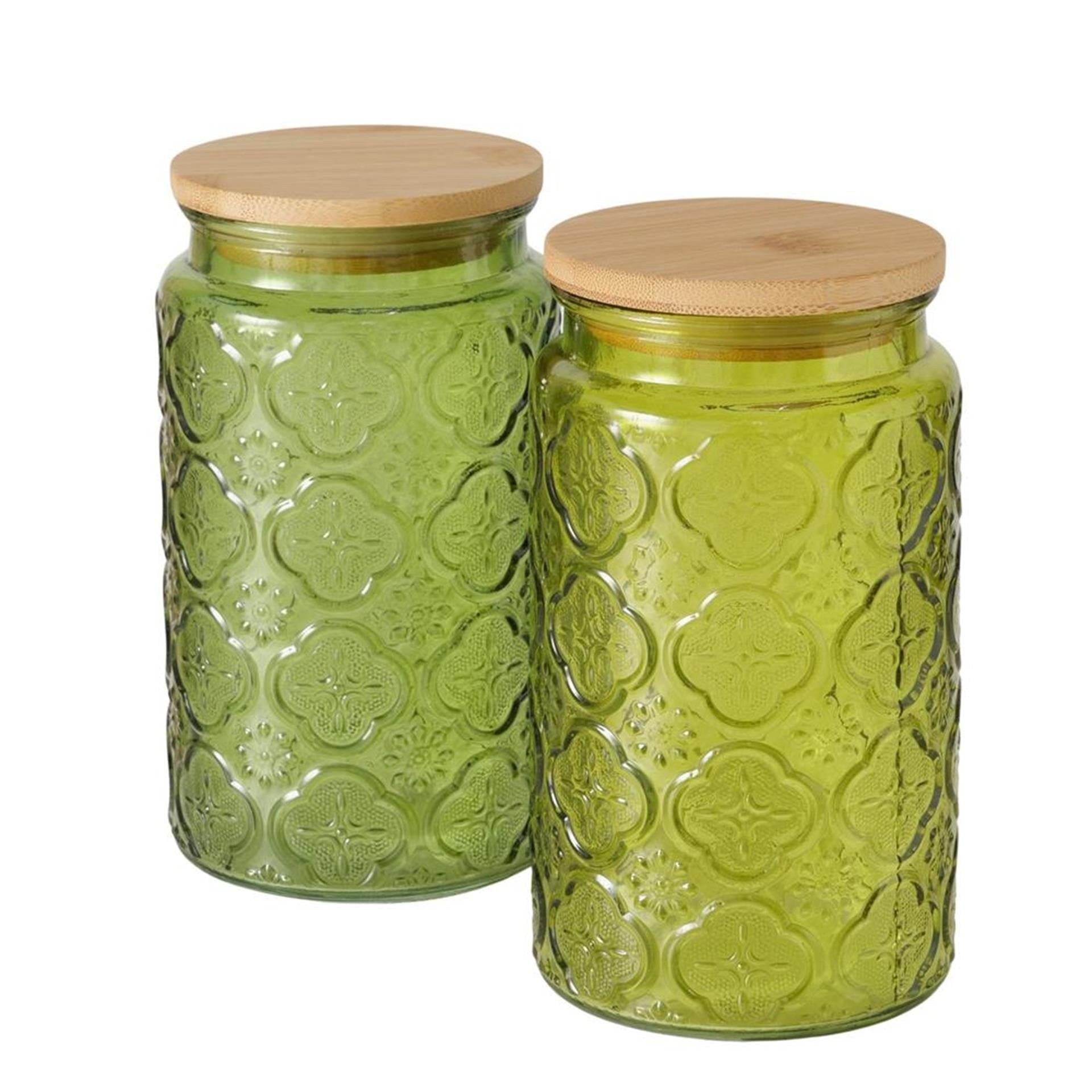 Boltze home voorraadpot imola 1000ml dia10x17cm glas gelakt met bamboe deksel groen