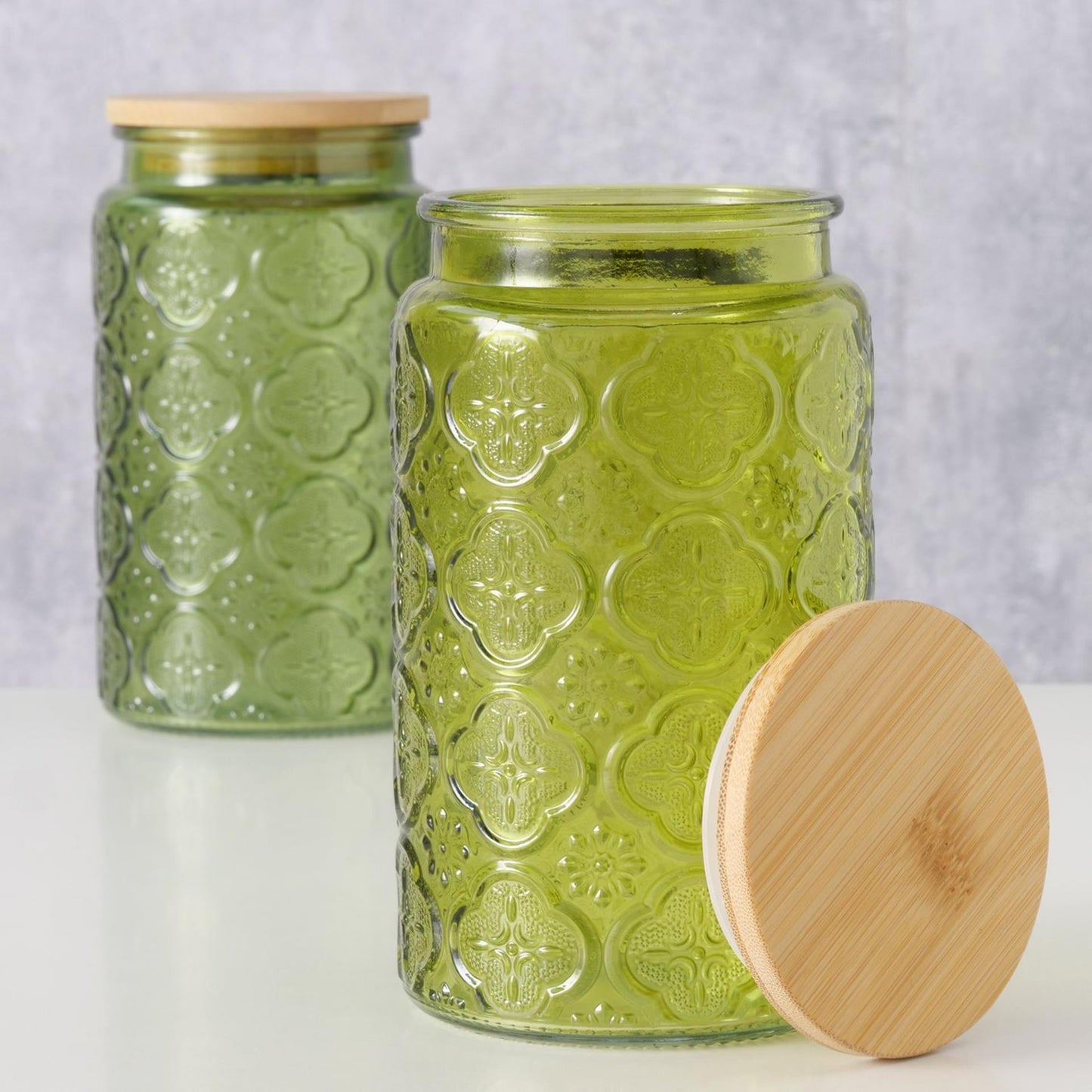 Boltze home voorraadpot imola 1000ml dia10x17cm glas gelakt met bamboe deksel groen