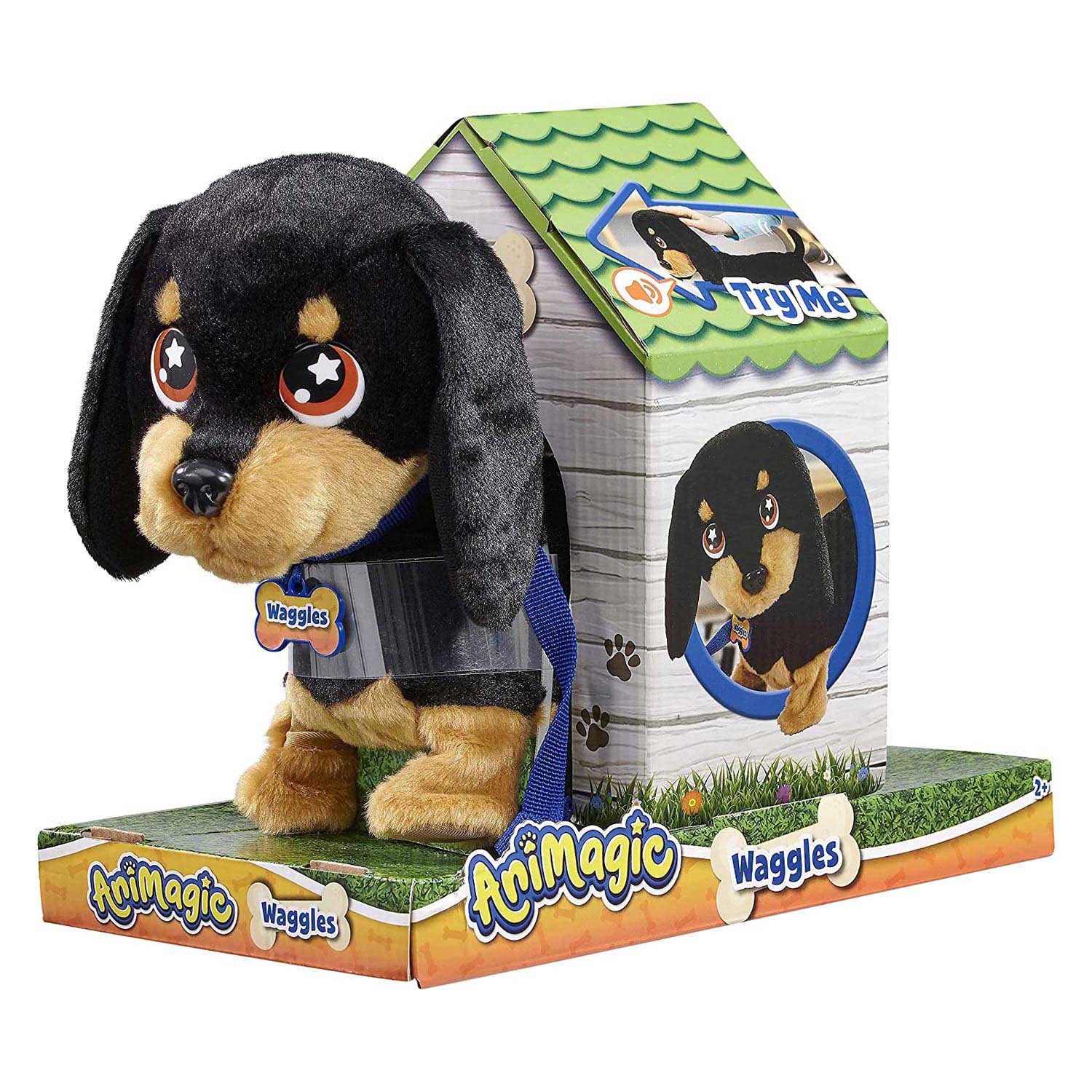 Goliath animagic waggles knuffel hond - zwart - interactieve knuffel - wandel en communiceer met waggles