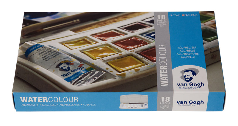 Van gogh • aquarelverf set in kunststof etui met 18 kleuren in halve napjes en 2 kleuren in tubes van 10 ml