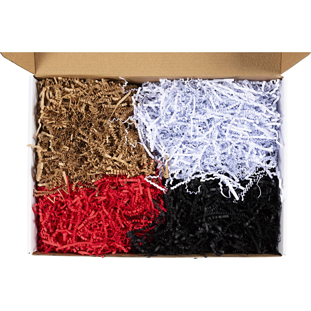 Crinkle papier, l: 25-30 cm, b: 3 mm, zwart, bruin, rood, wit, 4x50 gr 1 doos
