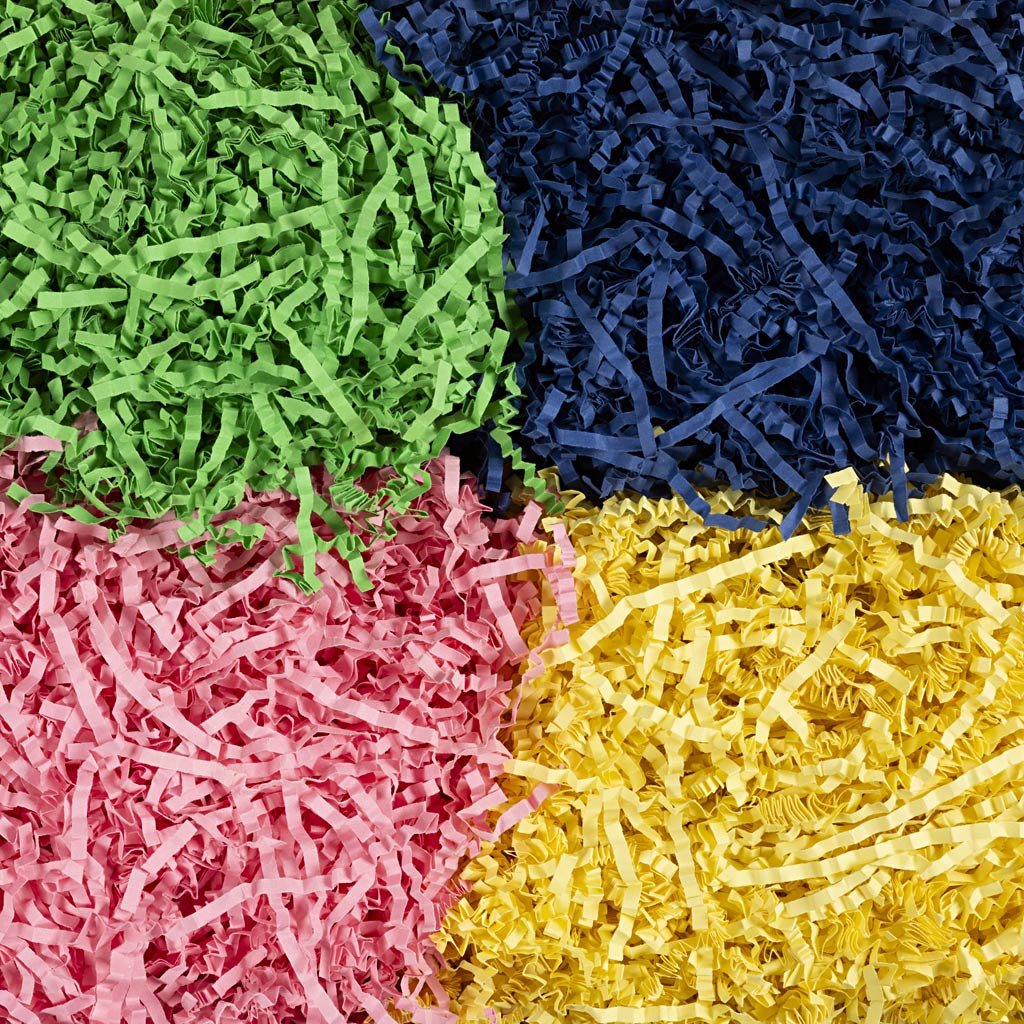 Crinkle papier, l: 25-30 cm, b: 3 mm, blauw, donkergroen, roze, geel, 4x50 gr 1 doos