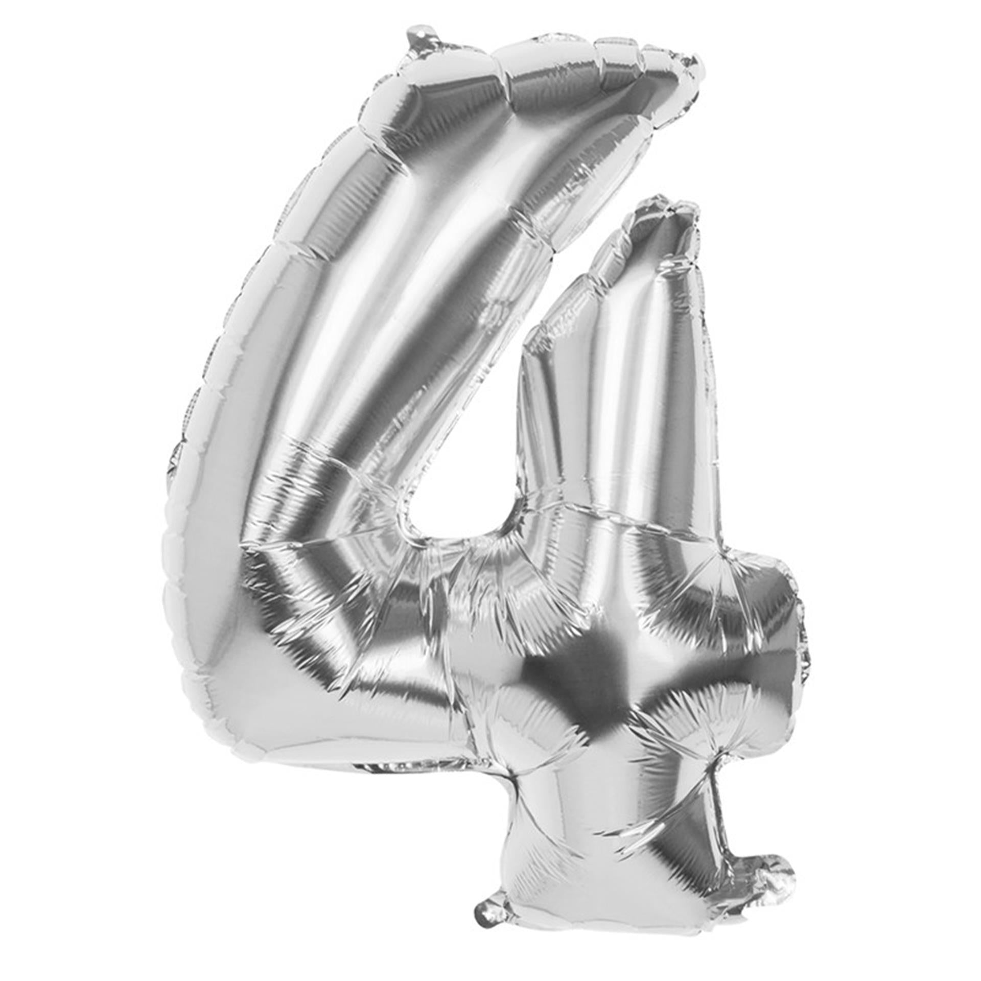 Boland cijfer ballon nummer '4' zilver folie 86cm geschikt voor helium