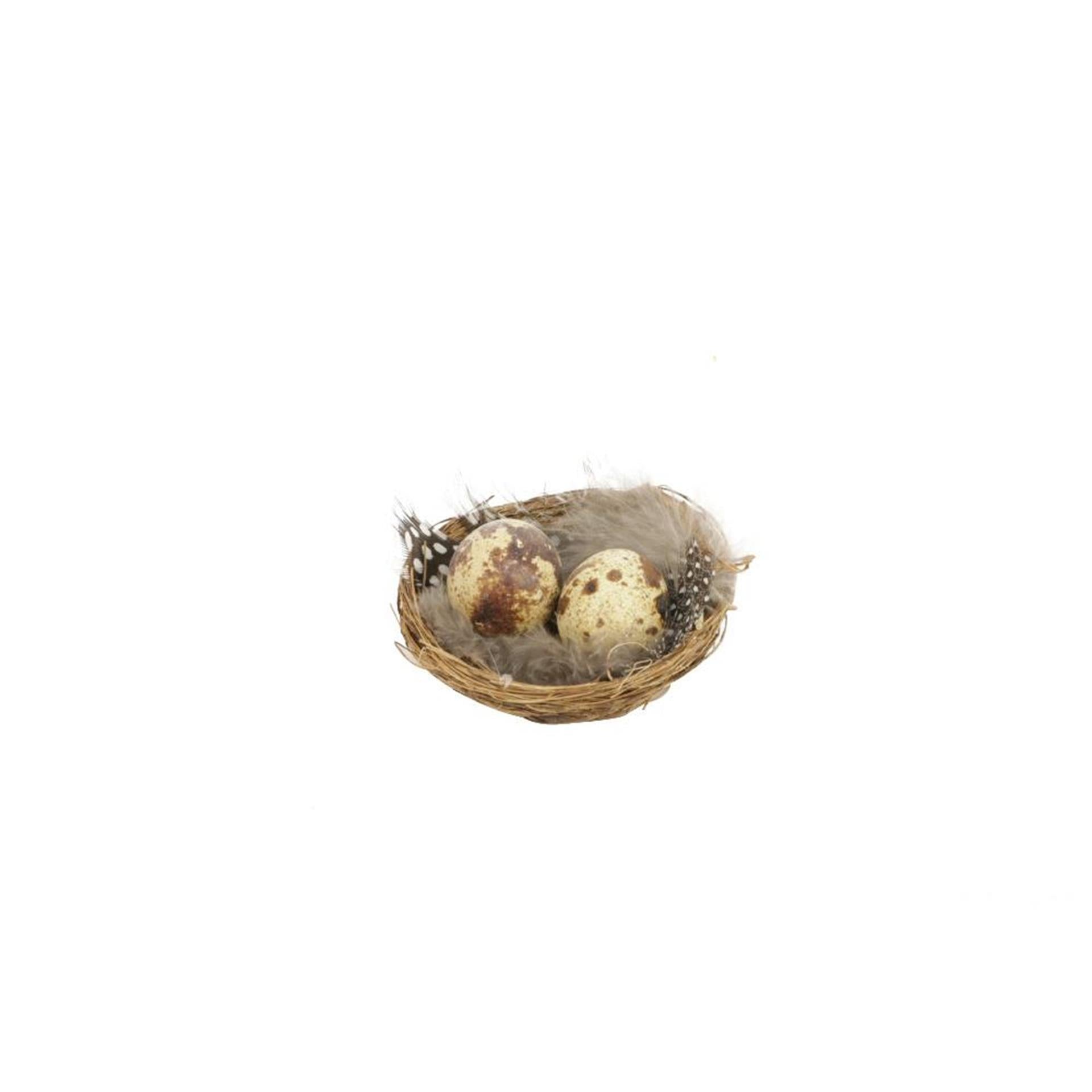 Hbx natural living deco nest met kwartel eitjes en veren 6 stuks in verpakking ø7cm