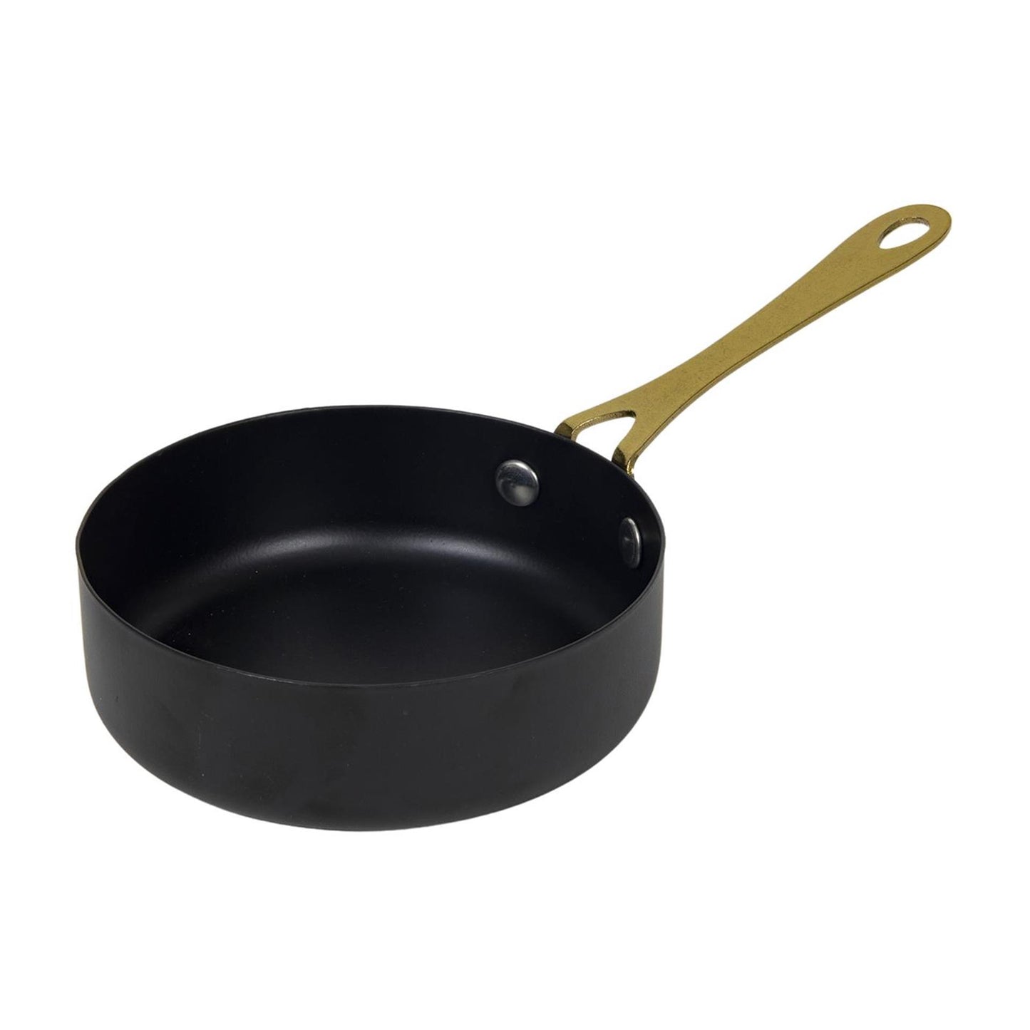 Gourmetten, mini steelpan zwart met gouden greep dia.11x3,5cm