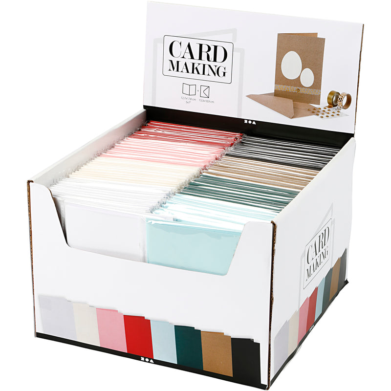 Kaarten en enveloppen, afmeting kaart 12,7x17,8 cm, afmeting envelop 13,3x18,5 cm, 230 gr, diverse kleuren, 8x10 doos 1 doos