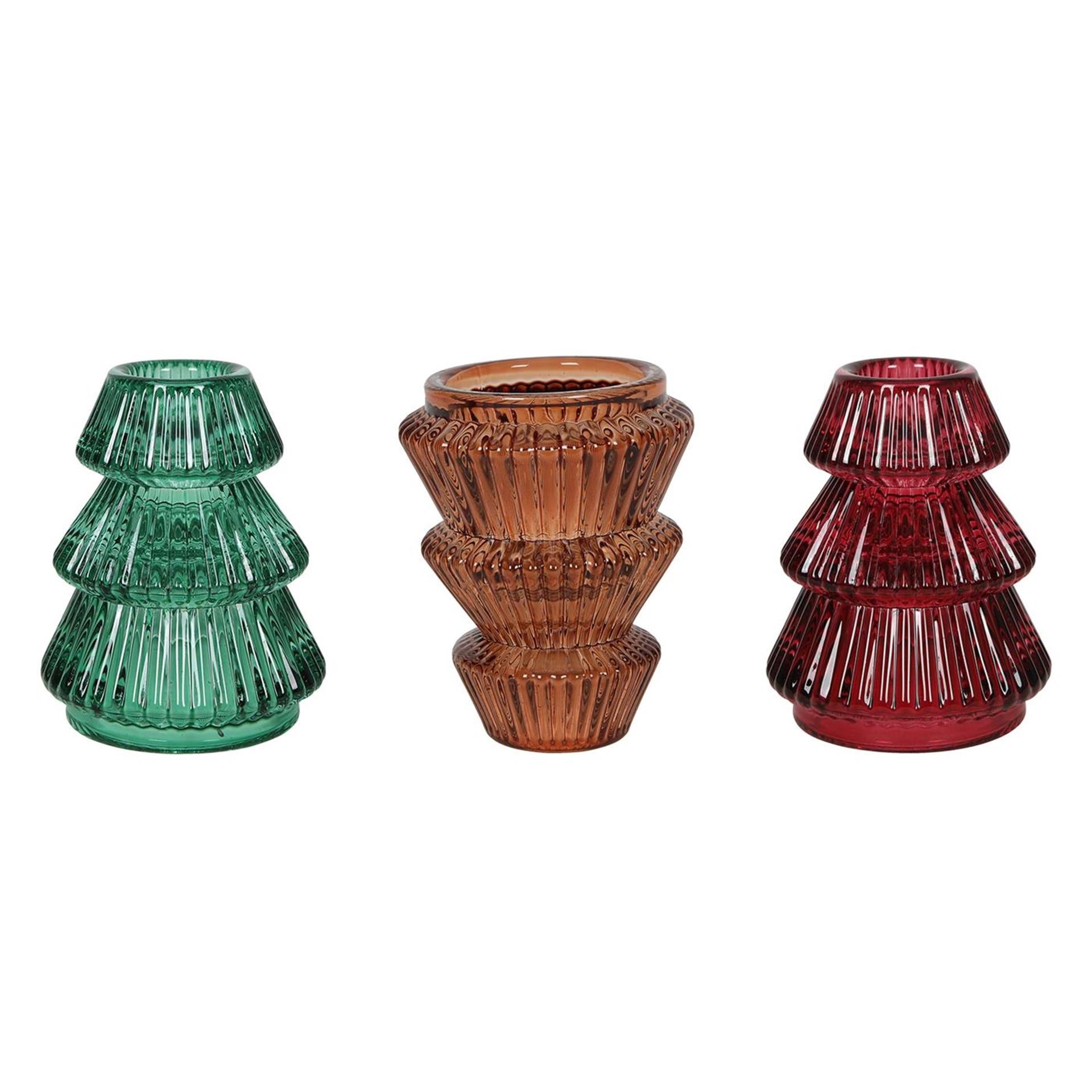 Svenska living kandelaar kerstboom 2-way glas ø6,5x8cm 3 assorti groen bruin donkerrood