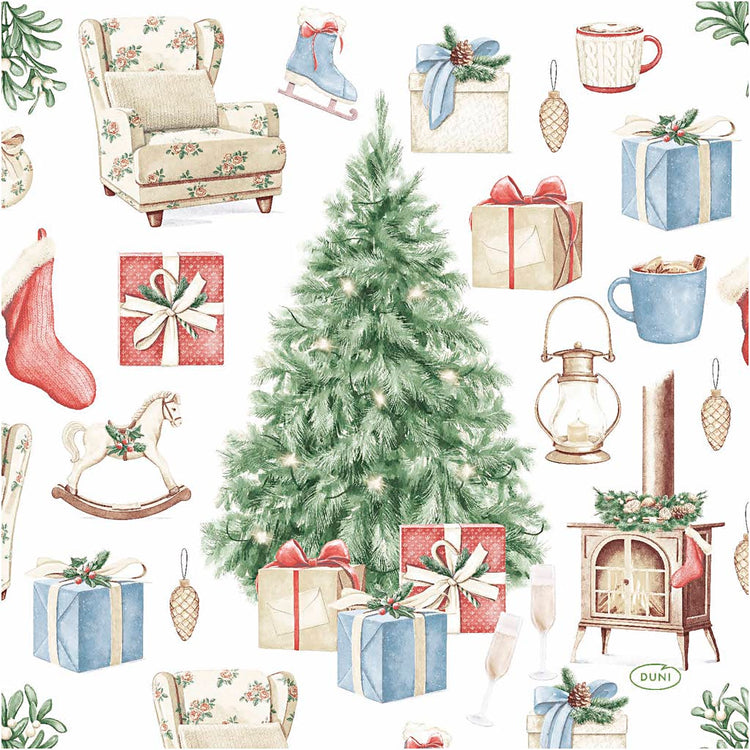 Servetten, kerstboom met cadeaus, afm 33x33 cm, 20 stuk 1 doos