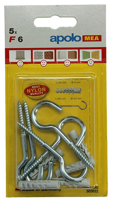 Celo 1015383 - 5 nylon pluggen f 6 mm + schroefhaken 502622 | 5 stuks