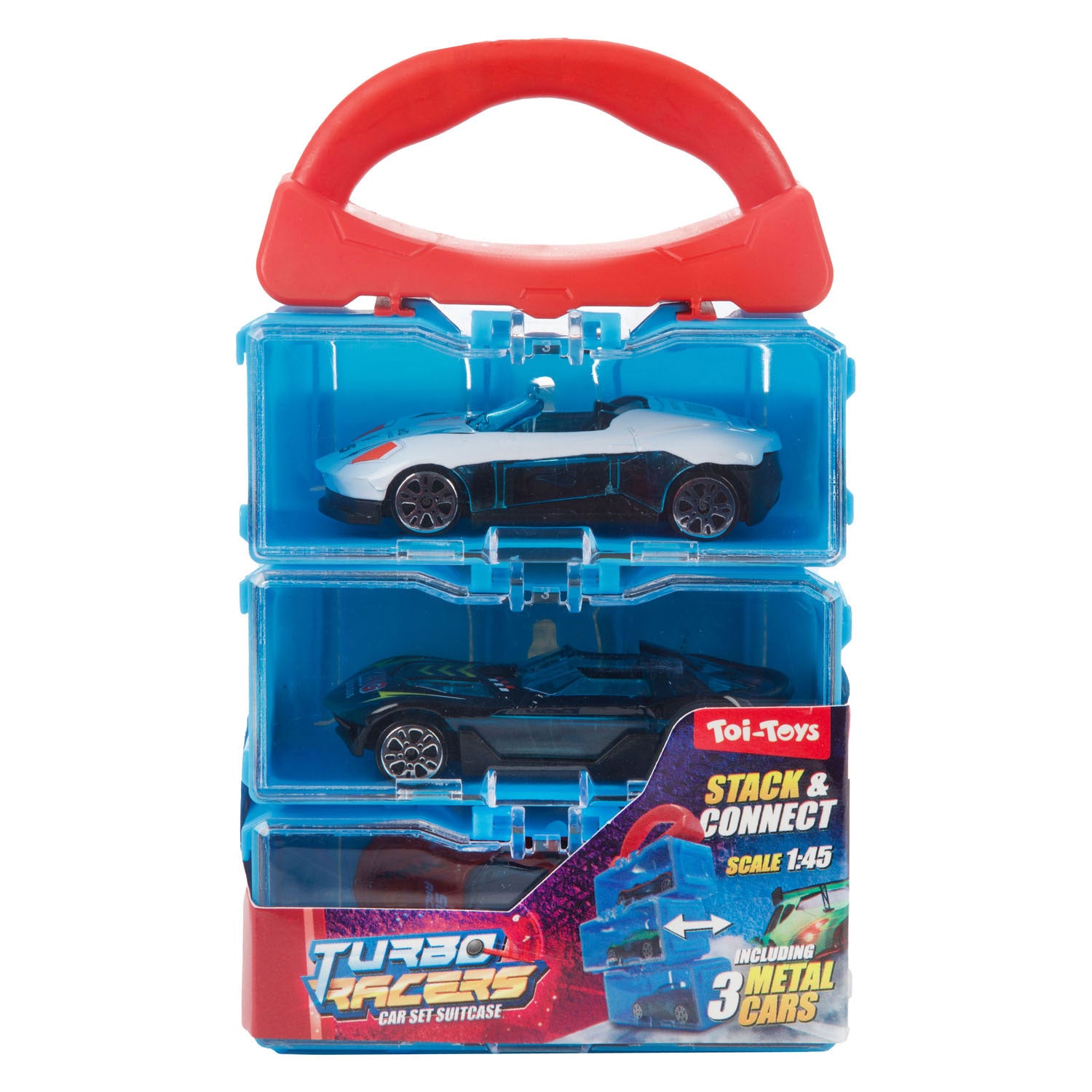 Toi-toys turbo racers opbergkoffer met 3 metalen auto's