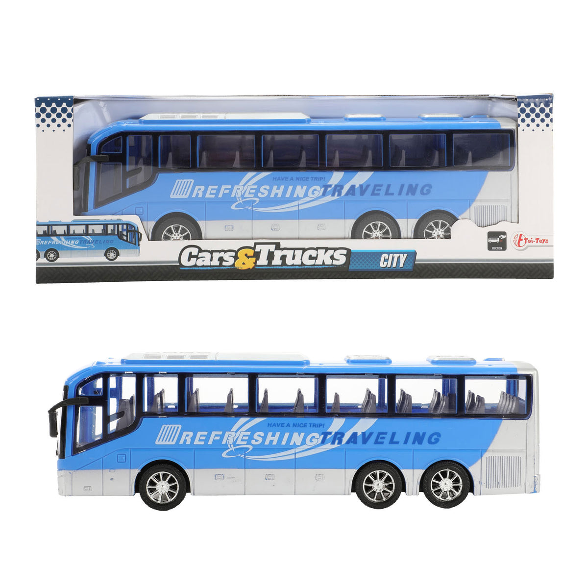 Cars trucks vehicool reisbus blauw frictie - 32cm