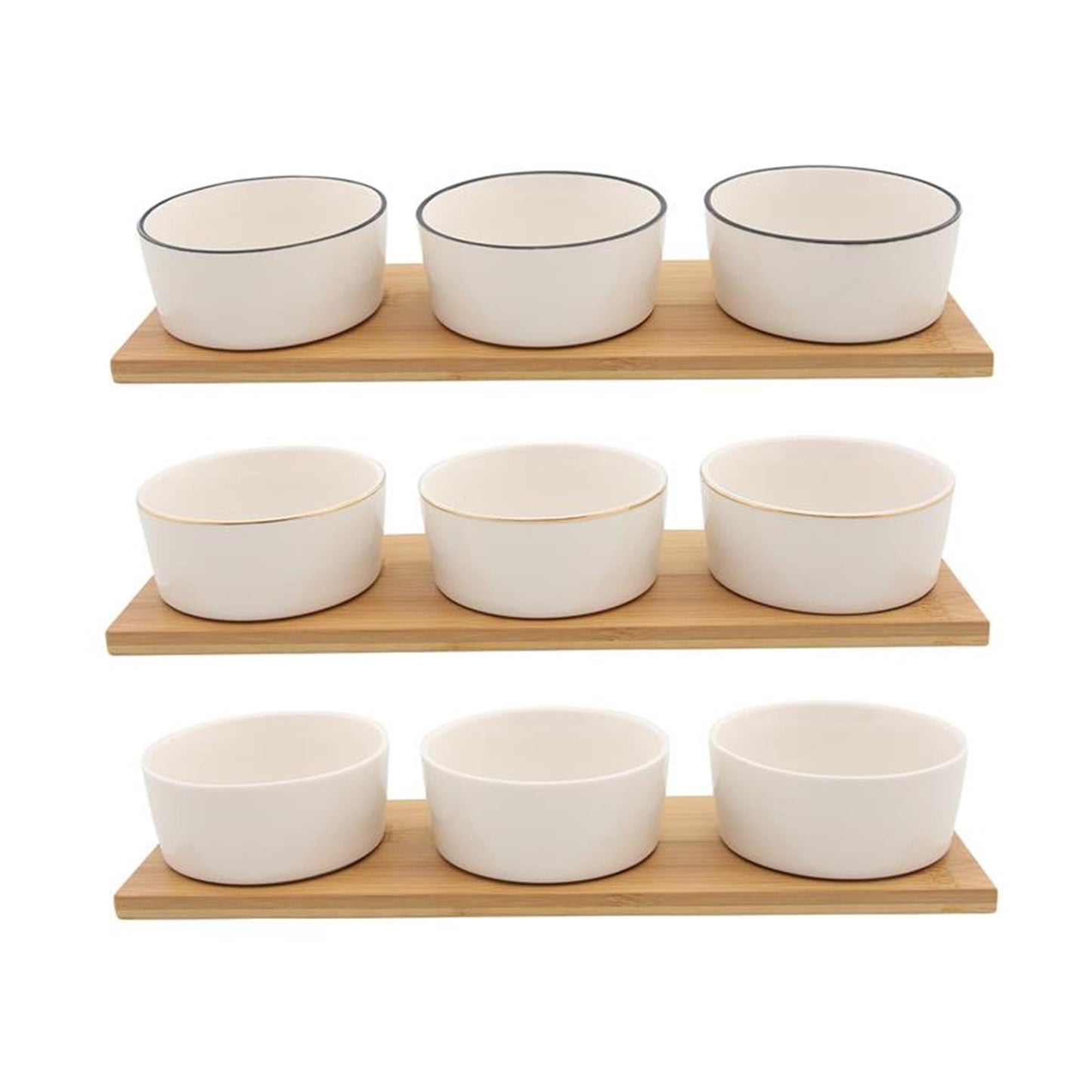 Food for fun set a 3 schaaltjes op bamboe plank 9x6x33cm
