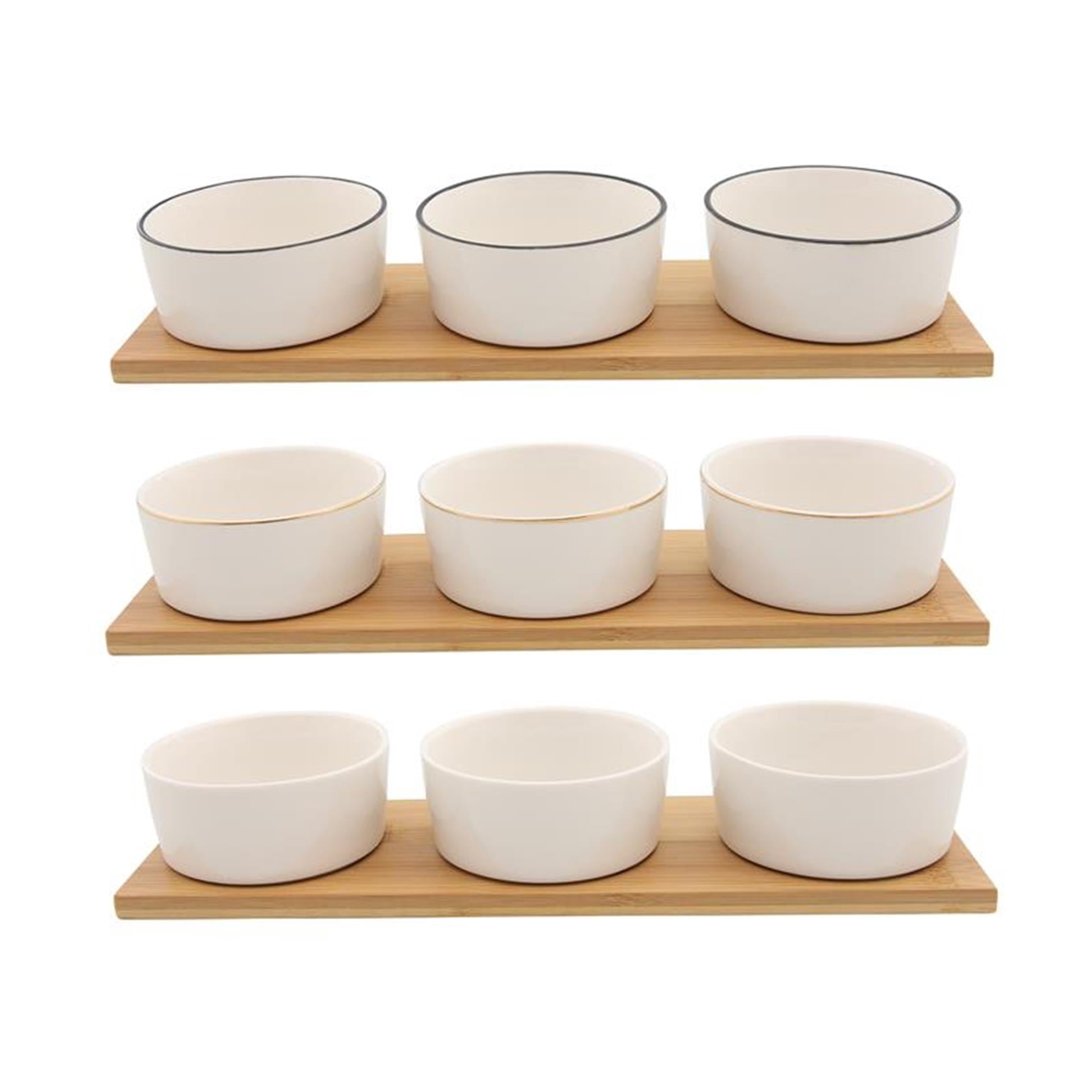 Food for fun set a 3 schaaltjes op bamboe plank 9x6x33cm